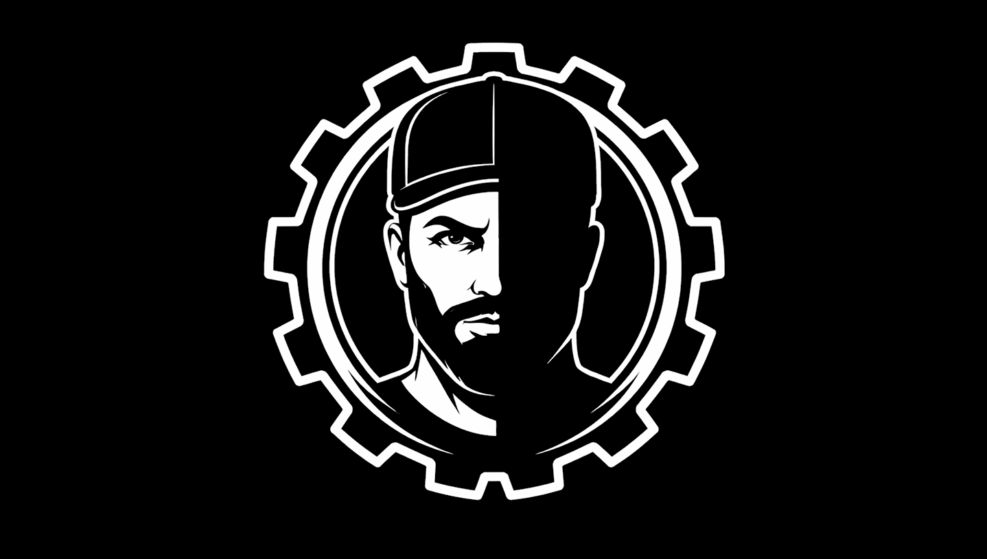 Black and white illustration of a bearded man in a baseball cap inside a gear icon; half his face is lit, half lost in shadow, suggesting a blind spot.