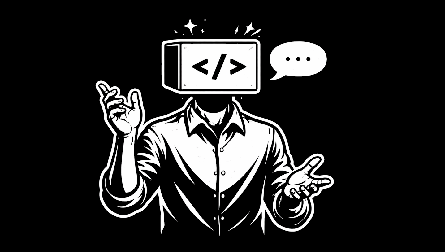 A person with a code screen for a head gesturing while speaking, representing blind trust in AI recommendations.