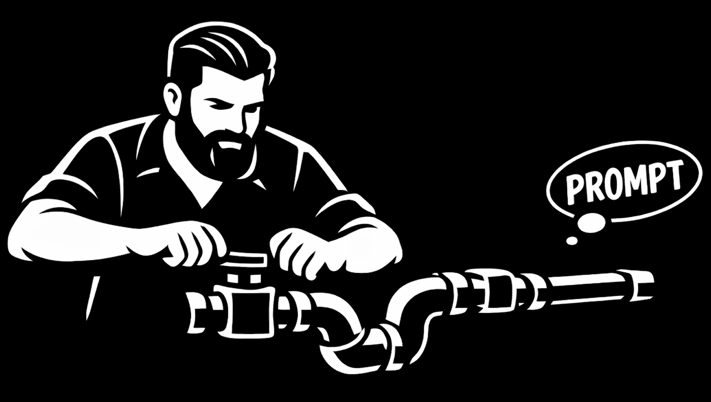 Black-and-white illustration of a bearded engineer adjusting valves on a network of industrial pipes; at the far end of the piping a thought bubble contains the bold word PROMPT.