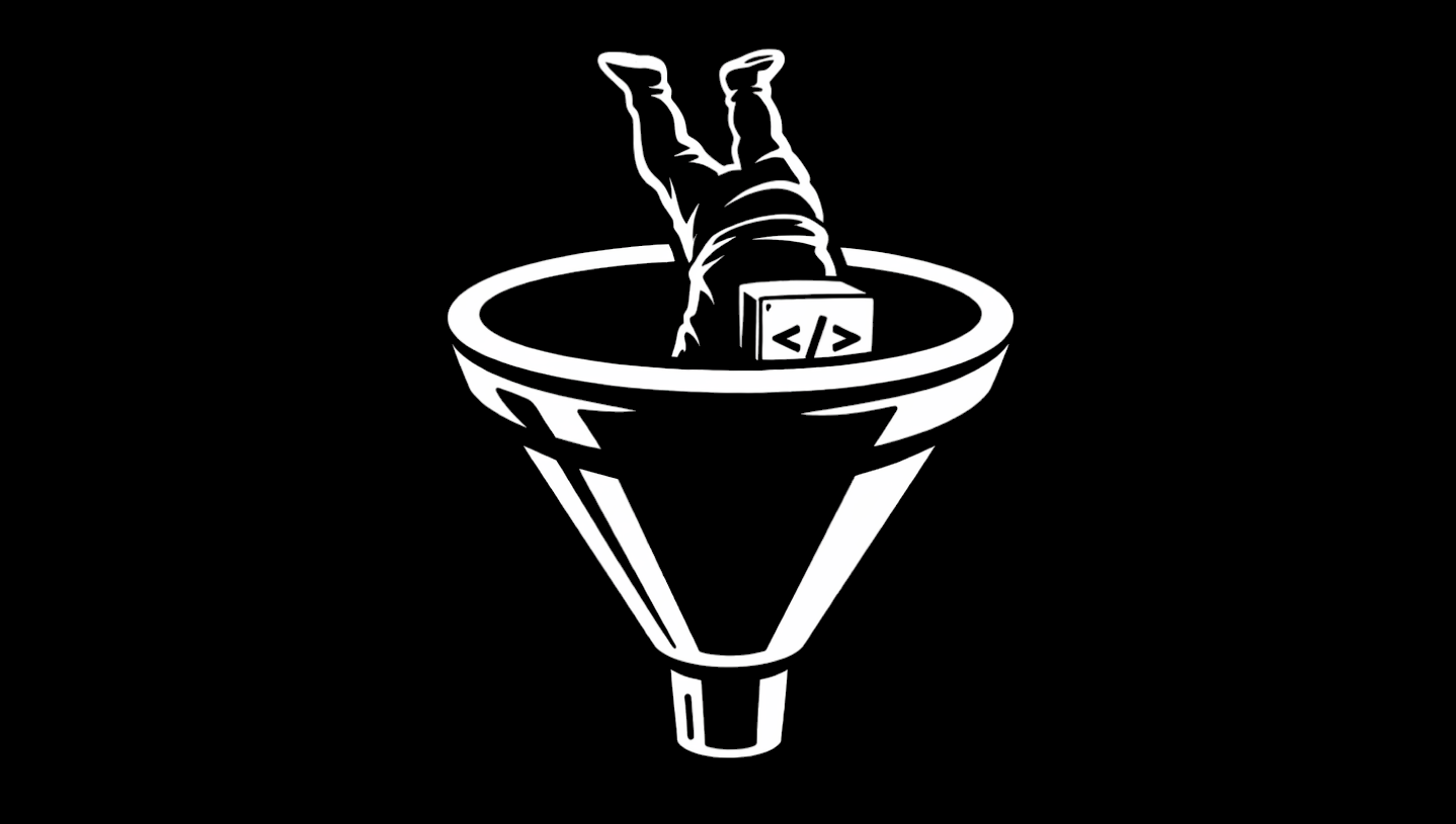A developer upside down inside a funnel, symbolizing AI-driven cognitive compression.