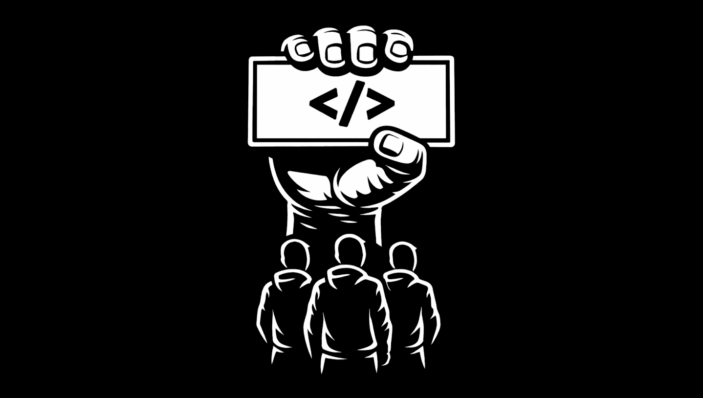 High-contrast black-and-white illustration: a large fist holds up a sign with code brackets; three hooded figures below look up at it, suggesting shared engineering effort.