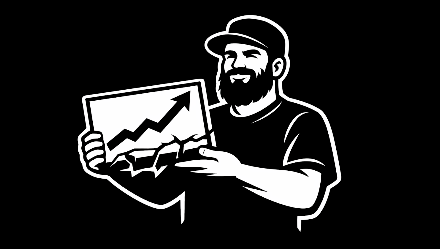 Black-and-white illustration of a smiling bearded man in a baseball cap holding a growth chart; the line shoots upward so sharply it cracks through the bottom of the frame.