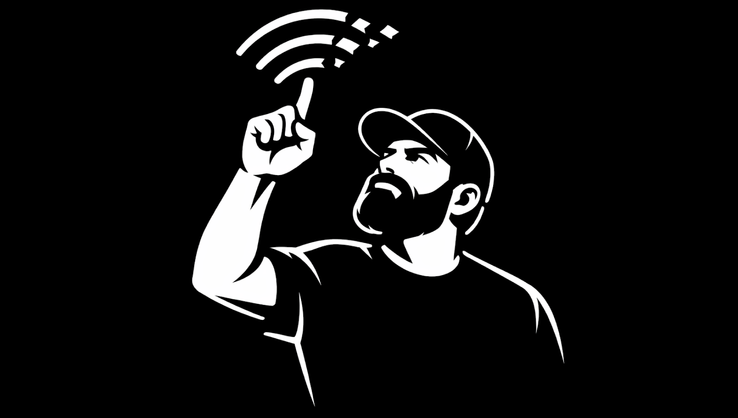 Black-and-white illustration of a bearded man in a baseball cap pointing upward at a Wi-Fi symbol whose top arc is breaking into pixels, suggesting a signal without a real feedback path.