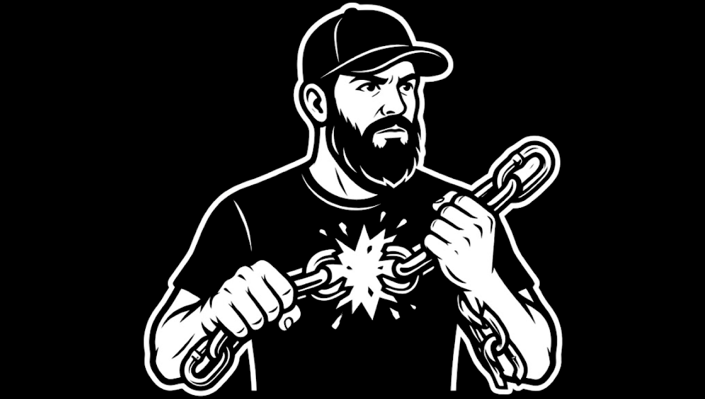 Black-and-white illustration of a bearded man in a baseball cap wrenching a heavy chain until a link shatters, with a starburst at the break—metaphor for breaking the productivity tax.