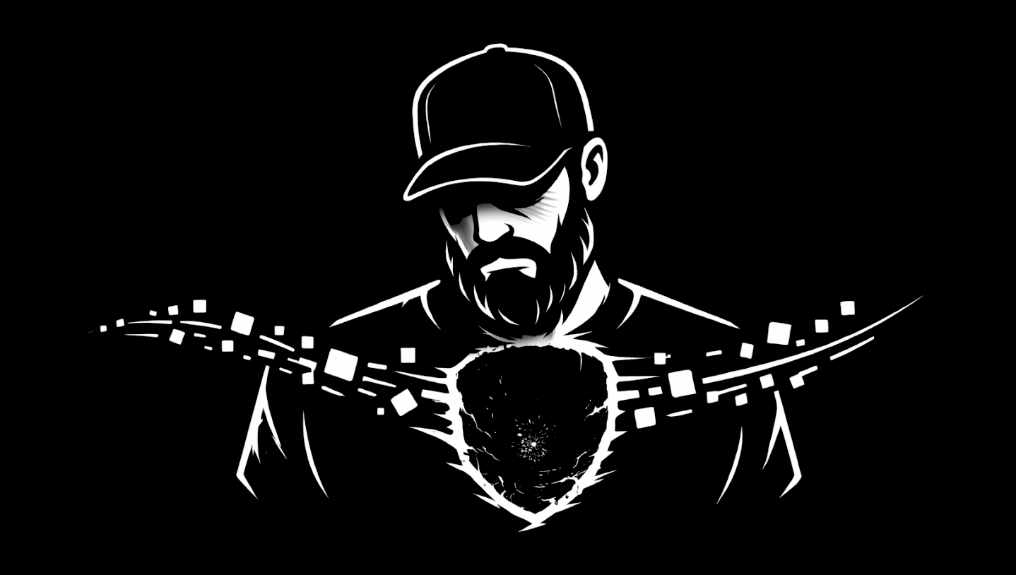 Black-and-white illustration of a bearded man in a cap with head bowed; a jagged hole in his chest reveals a bright spark while pixel-like squares stream away left and right.