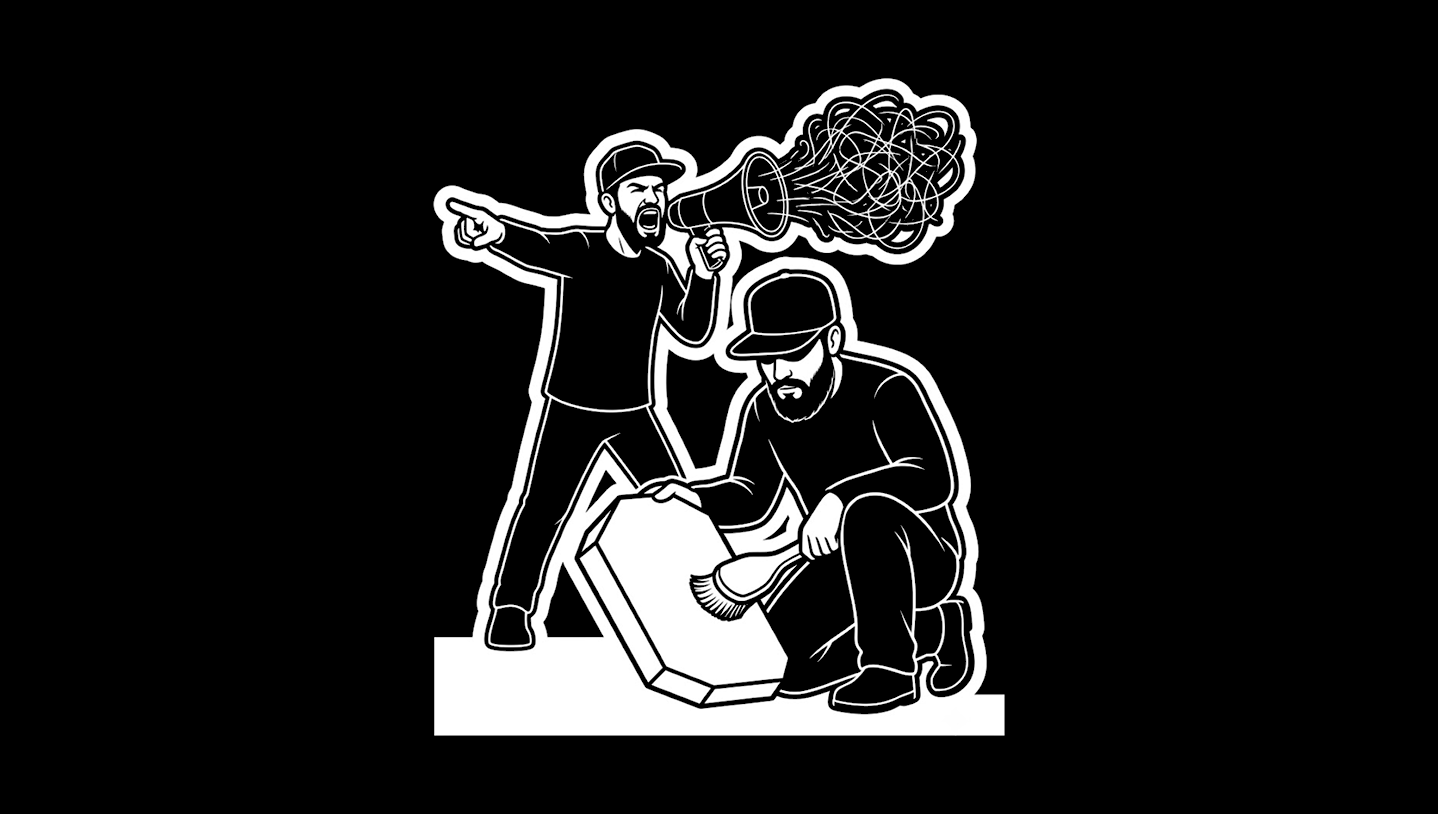 A black-and-white vector badge on a black background. In the foreground, a bearded leader in a flat-brim cap kneels to brush off a solid white geometric stone tablet. Behind him, an identical figure frantically shouts into a megaphone, blasting a chaotic cloud of white scribbled lines in the opposite direction. The entire scene is enclosed in a thick white sticker-cut outline.
