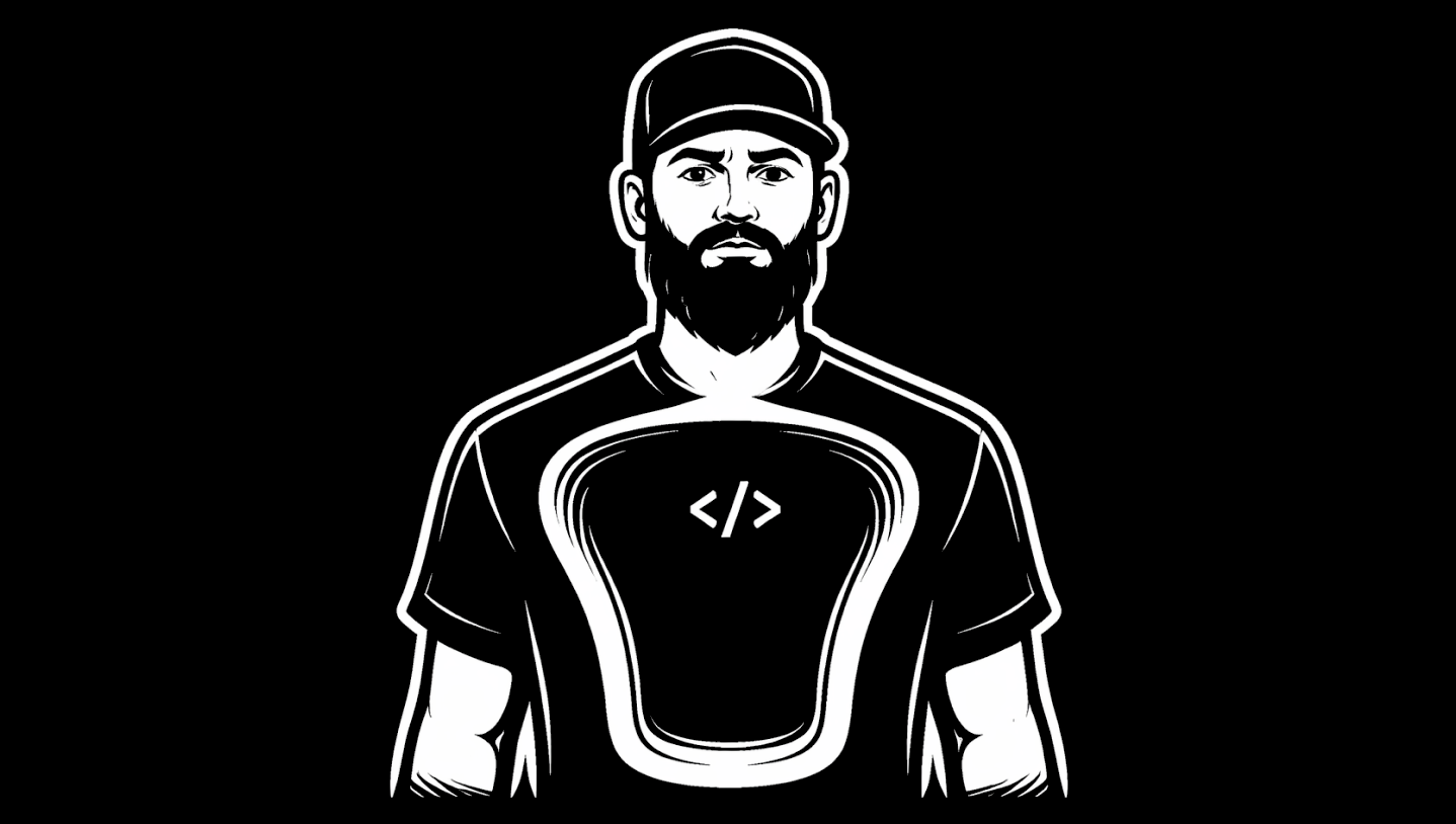 Black-and-white illustration of a bearded man in a baseball cap facing forward; his shirt shows a shield-shaped panel with a code-tags symbol on the chest.
