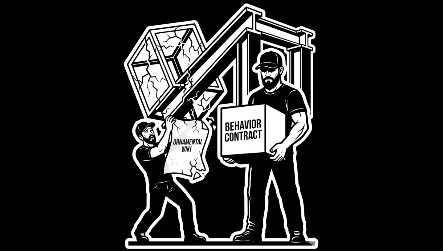 Black-and-white illustration of a stressed man in a cap struggling under a cracking glass cube and crumpled paper labeled ORNAMENTAL WIKI as a steel beam crashes onto the cube, beside a larger calm man holding a solid box labeled BEHAVIOR CONTRACT.
